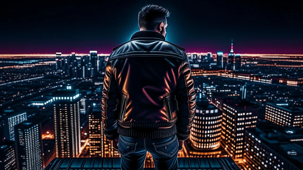 An Englishman in a bomber jacket standing at the top of a tall building looking across a city at night