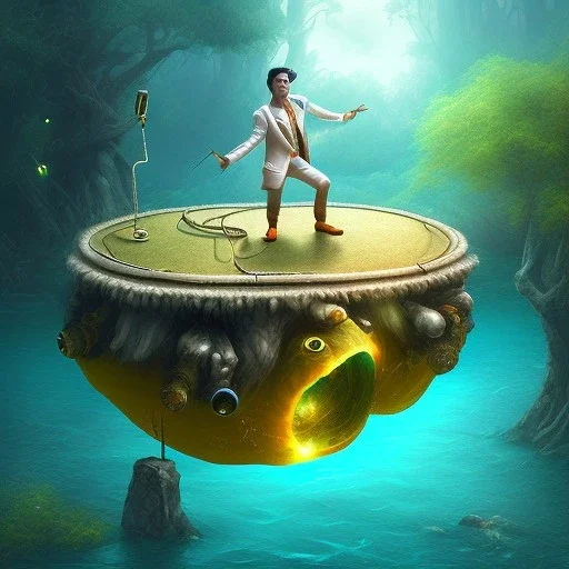  fantasy art, krister chao the pimp with sunglasses on yellow slack line high above water