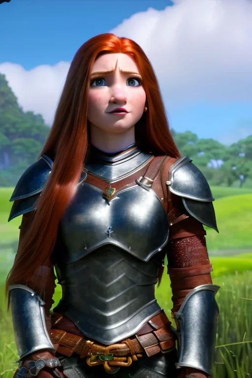 hyper realist, hyper detailed, stunningly beautiful teen woman, long ginger hair, green eyes, medium freckles, full lips, skimpy fantasy intricate leather armour, full body and head, c-cup breasts, shocked expression, centred camera, full frame, petite, centered camera