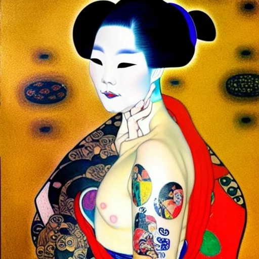 dibujo al oleo de cuerpo entero de una Geisha con tatuajes estilo Gustav Klimt