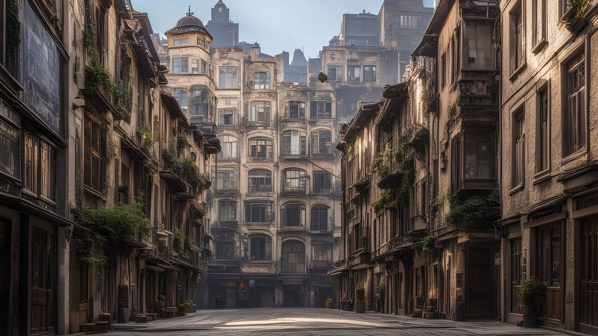 street with buildings of the same design on its sides and in the background with many windows, some open and others closed in some, the interior lighting allows you to guess the interior life