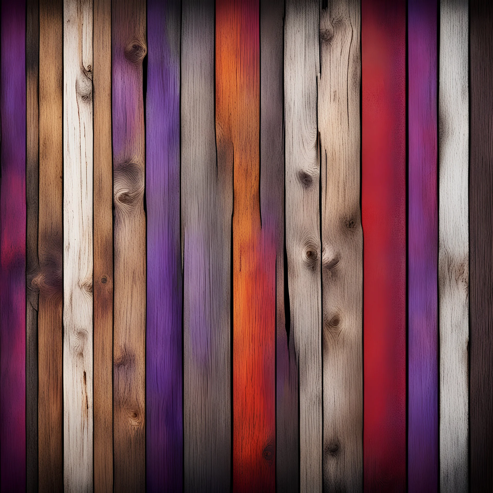 Hyper Realistic red, brown, black, golden, purple & white multicolor grungy rustic texture on wooden planks with vignette effect