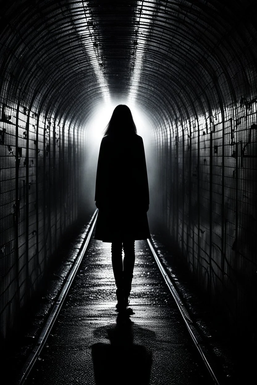 a woman silhouette in metro tunnel, dark shadows the walls, the heart ached with fear and sadness, for knows what the end, sinister, etheral, fog, dark mistic mood