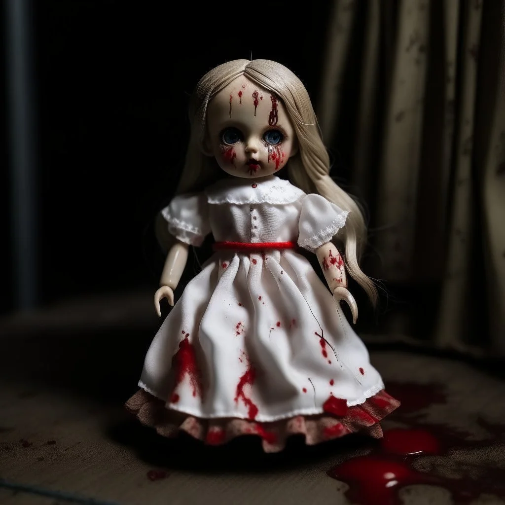 A girl's doll wearing a white dress with red blood bleeding from the back