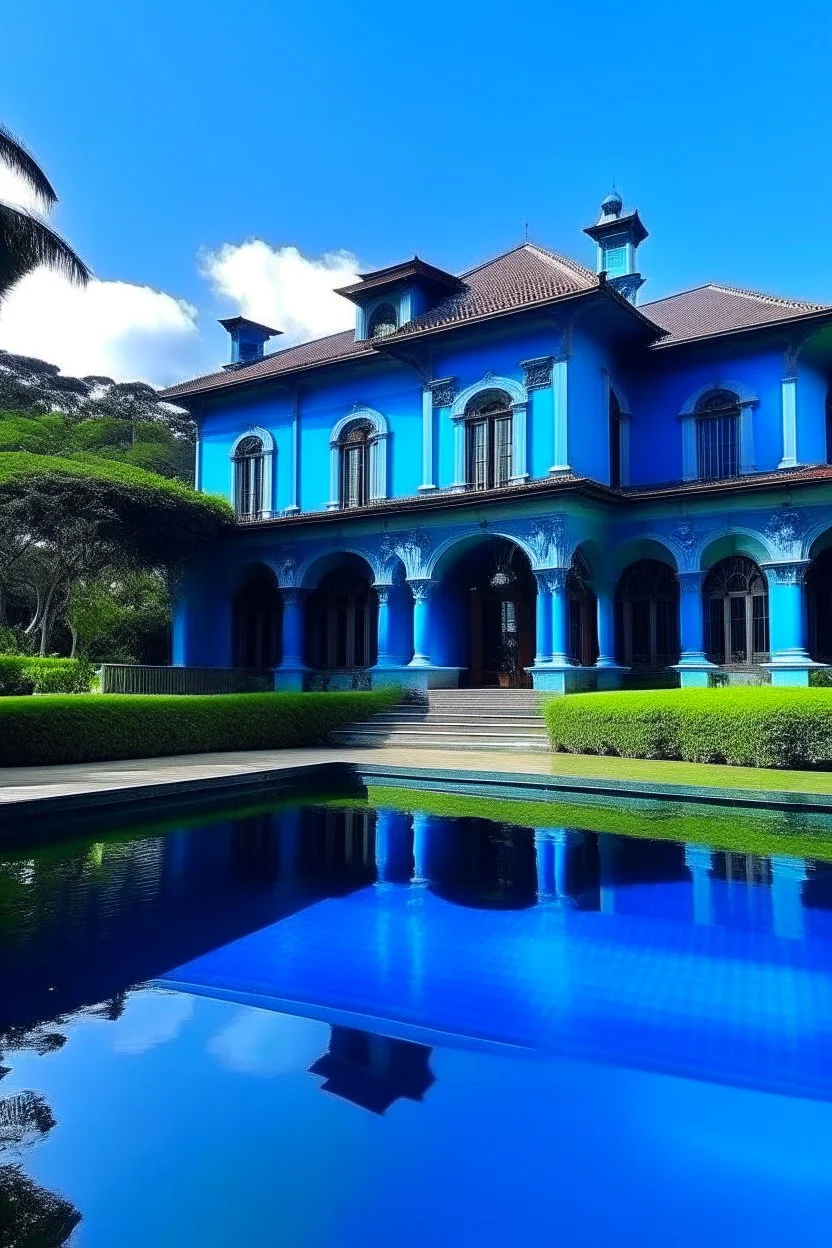 blue mansion with a huge infinity pool and garden