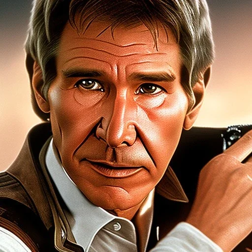 8k hyperspace background,complete and photo realistic detailed head to waist stunning,photo realistic portrait of harrison ford as han solo in star wars with photo realistic short hair, brown eyes, professional painting by drew struzan, trending on artstation, Sharp focus, weathered skin,space jacket from star wars