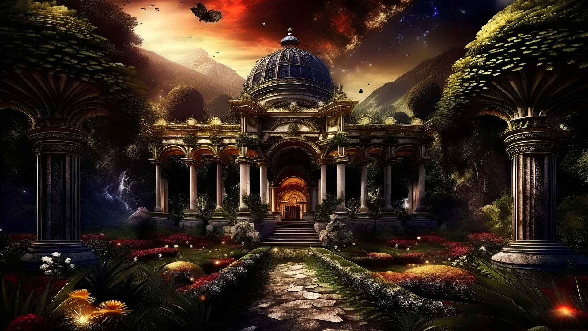 my dreams . fantasy In the garden my mind bows . the meditation in the midst in the california jungle , Colonnades for meditation new palace built in the jungle , mountains. space color is dark , where you can see the fire and smell the smoke, galaxy, space, ethereal space, cosmos, panorama. Palace , Background: An otherworldly planet, bathed in the cold glow of distant stars. Northern Lights dancing above the clouds in brazil Fantasy gate floating in the universe