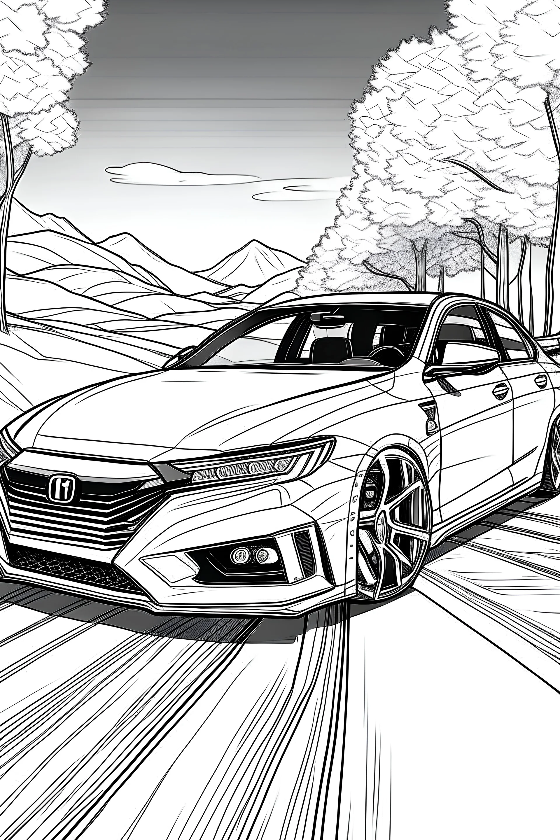 Outline art, no shading, full Honda Accord on the road, cartoon style, thick lines, low details, --ar 9:11