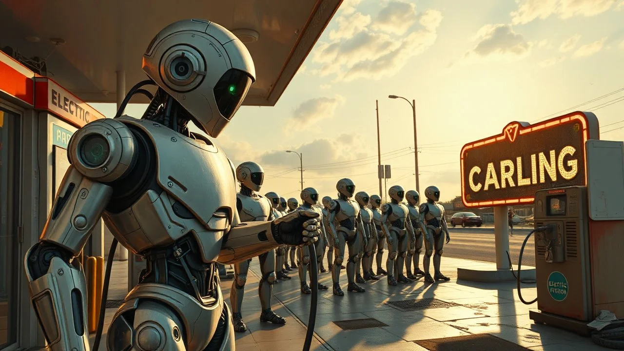 A cinematic wide-angle oil painting of a humanoid robot plugging a thick electric charging cable into its torso port at a futuristic charging station within a retro-style gas station. A long line of identical humanoid robots stands patiently behind, waiting for their turn to recharge. A large vintage-style sign to the side reads 'Electric Robot Charging Station.' The scene is bathed in golden-hour lighting, with rich, noisy colors, expressive thick brushstrokes, intricate steampunk elements, glo