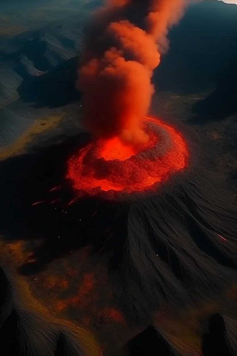 looking down into huge volcano thats exploding very dangerous cinematic