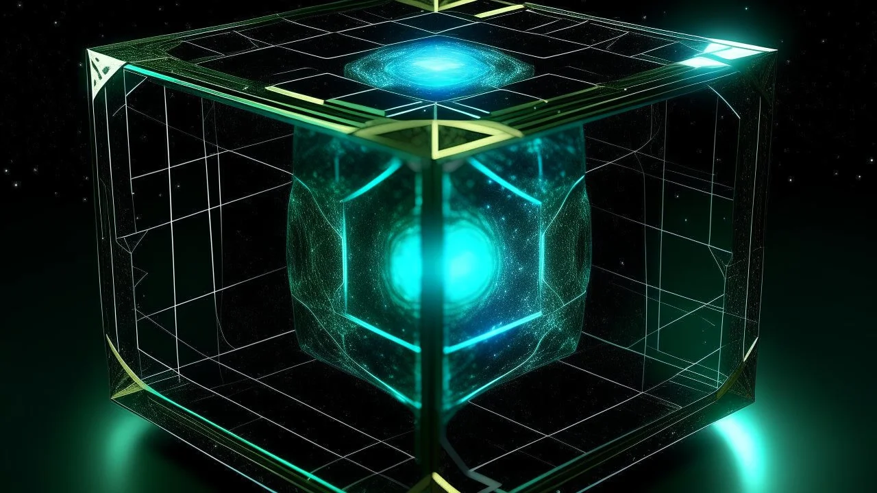 Square tesseract from movie Loki, located strictly in the middle of picture with space around it and with glow in tesseract, but without glow below it, without background or table.