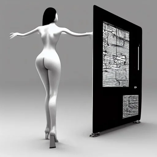 futuristic computer in 3d showing naked woman dali style