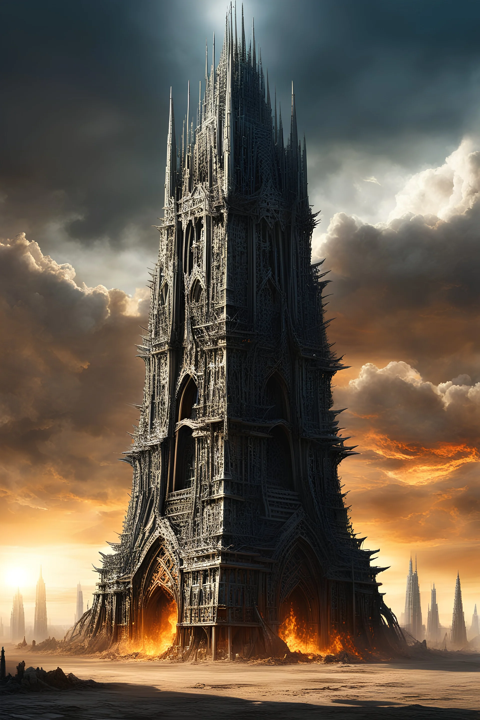 picture of the tower of orthanc in the style of a biomechanoid biomimetic armenian-minoan Church and a burning man festival temple. concept art hyperrealism, mandelbulb
