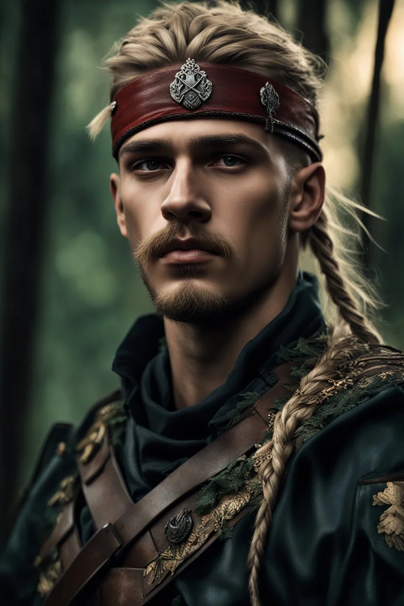 photorealistic hyperdetailed portait of 20-year-old german male, as mercenary with long blonde braided and undercut hair, tribal tattoos and goatee beard wearing modern mercenary uniform dark fantasy forest backdrop