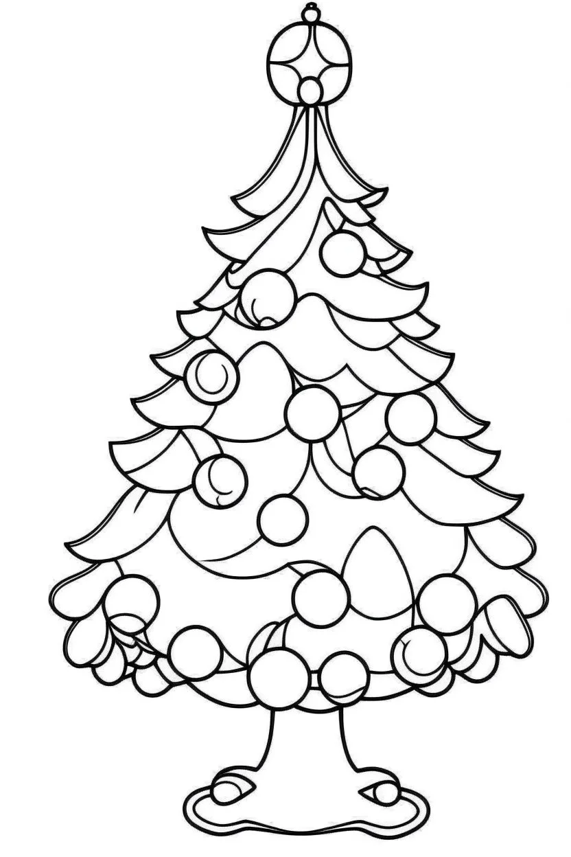 coloring page for kids, cristmas tree , cartoon style, thick outline, low details, no shading, no color