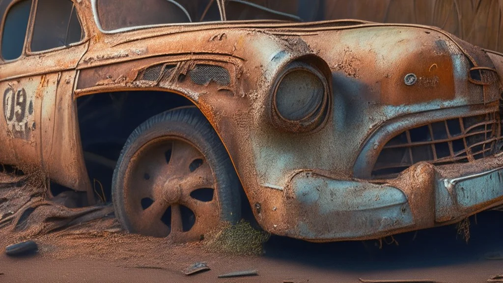 A photorealistic image of a rusted vintage car, with a focus on the intricate details of its faded paint job, the wear and tear on the tires, and the aged textures of the metal body. Use the multi-prompt "car::photorealistic::rust" with a prompt weighting of "rust" to emphasize the aged textures and worn out look of the car. --ar 7:4