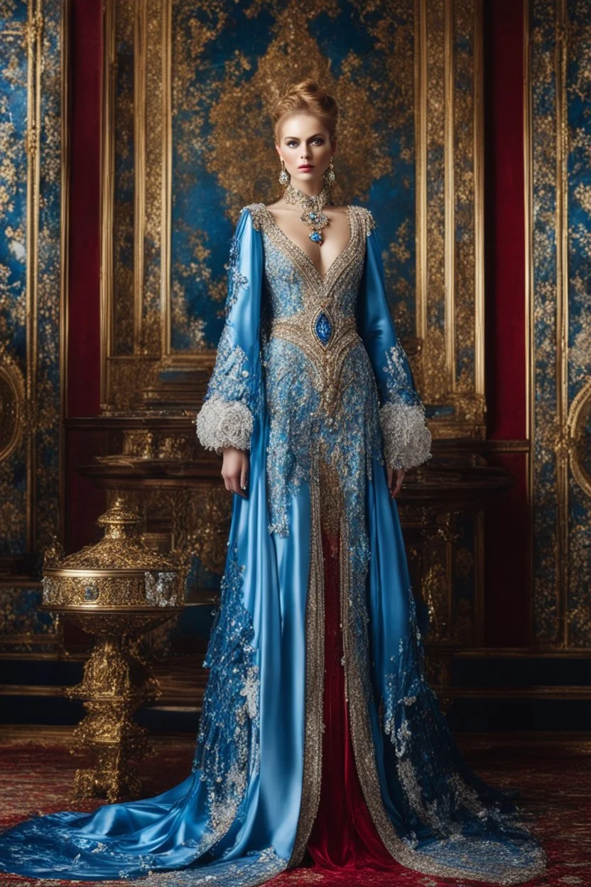 Gorgeous photography full body Beautiful super model Russian dressing Luxury gown Victorian colorful art conceptual, amazing artwork,close-up portrait,crystal diamonds shappire ornaments background