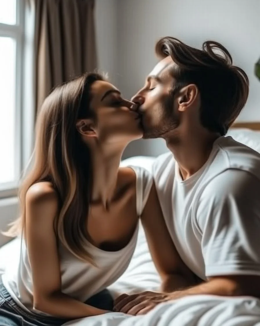 Couple in love kissing on the bedroom at home. Loving boyfriend and girlfriend sharing love together.