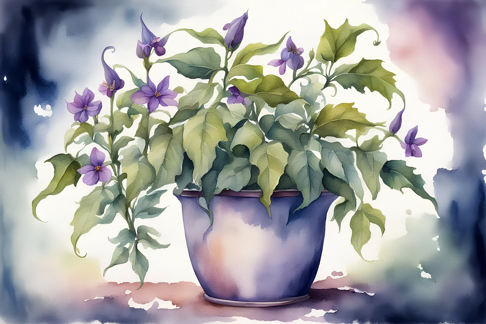 fantasy watercolor painting of a magical tall flowering deadly nightshade bush in a fancy pot