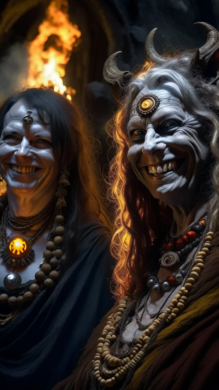 close up portrait of merciless smiling medieval high priestess countess vanilla gorilla and her creepy sister in big eyed trance, fire ball portal, full moon, swirly mist,autumn wind, arcane invocation ritual of smoke demon with immense power in luminous stone altar ruins in dark forest grove, shot on Hasselblad h6d-400c, zeiss prime lens, bokeh like f/0.8, tilt-shift lens 8k, high detail, smooth render, down-light, unreal engine, prize winning