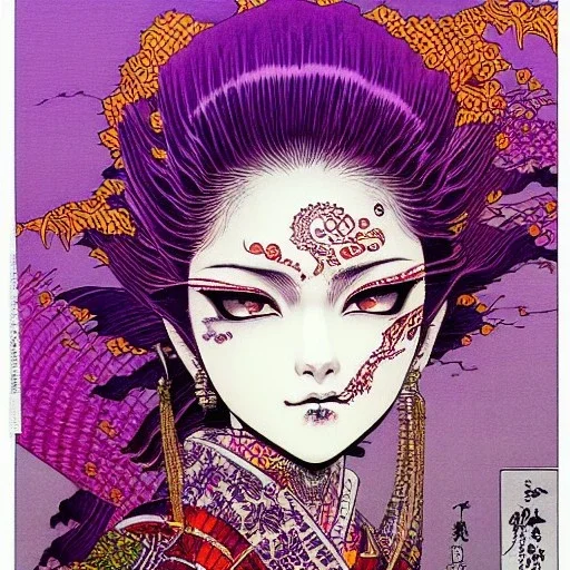 beautiful punk girl,smiling, hyper detailed, hyperdetailed, intricately detailed, , purple tones, darkred tones,illustration by <asaf hanuka> <Katsushika Hokusai> <Yoji Shinkawa>,