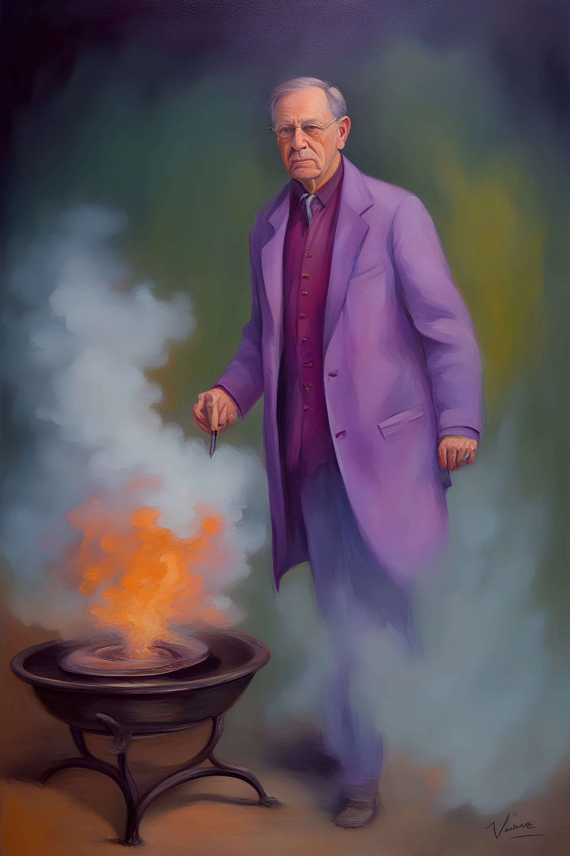 Portrait of Hemler DeWinkey - oil painting by Vivvie Sandshorts - fire, fog, mist, smoke and purple rain