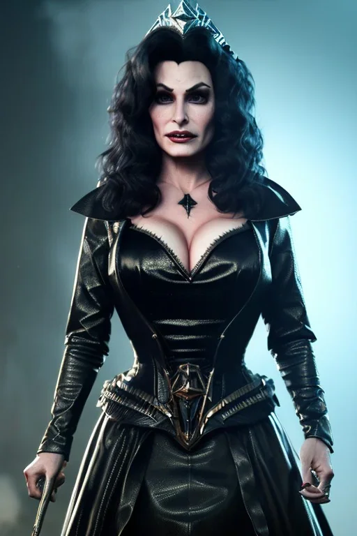 lisa ann as evil queen in black leather gown, cleavage, angry, stern look, unreal 5, octane render,cinema4d, dynamic lighting, dramatic lighting, 4k, redshift render, highly detailed, hyper realistic