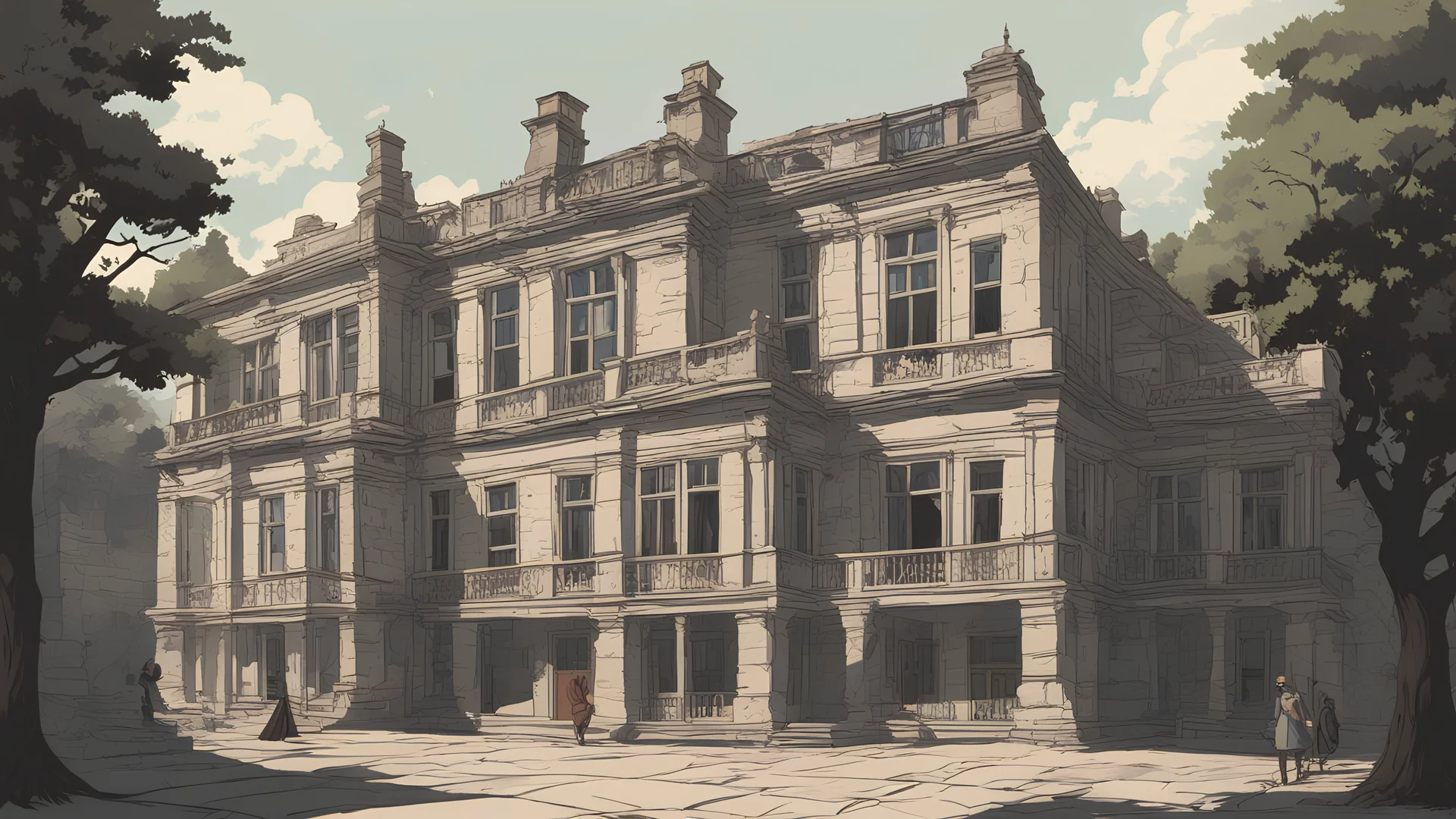 ]قشد. Vector. Illustration. Stone house school. Students of jurisprudences. Old home school. 2D animated. 1900 AD. Istanbul. Digital painting, inside. Minimal.