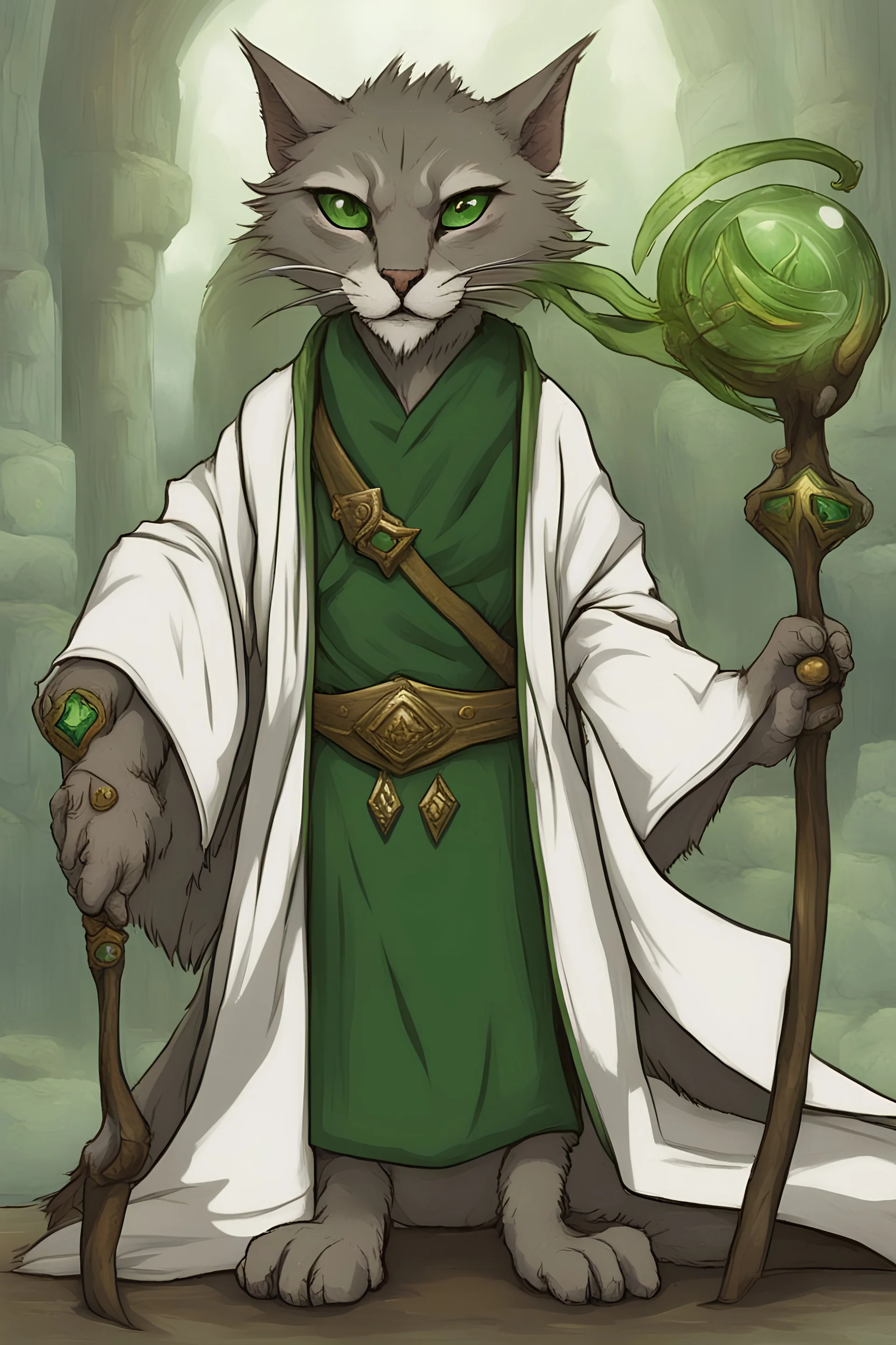 Male khajiit with grey fur and Hazel eyes wearing a emerald green robes in a fantasy setting, sorcerer of life