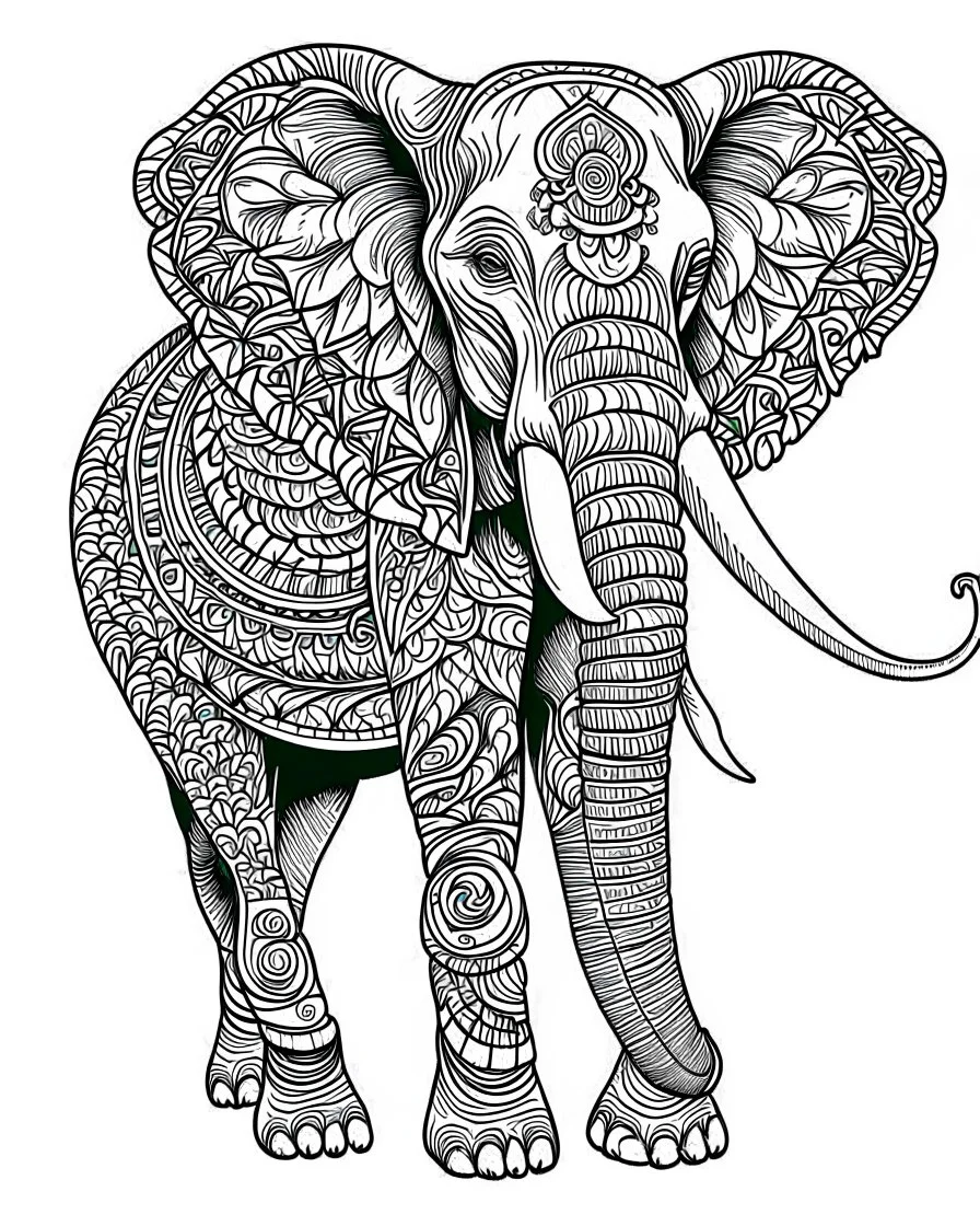 elephant, coloring image, full body (((((white background))))), only use an outline., real style, line art, white color, clean line art, white background, Sketch style