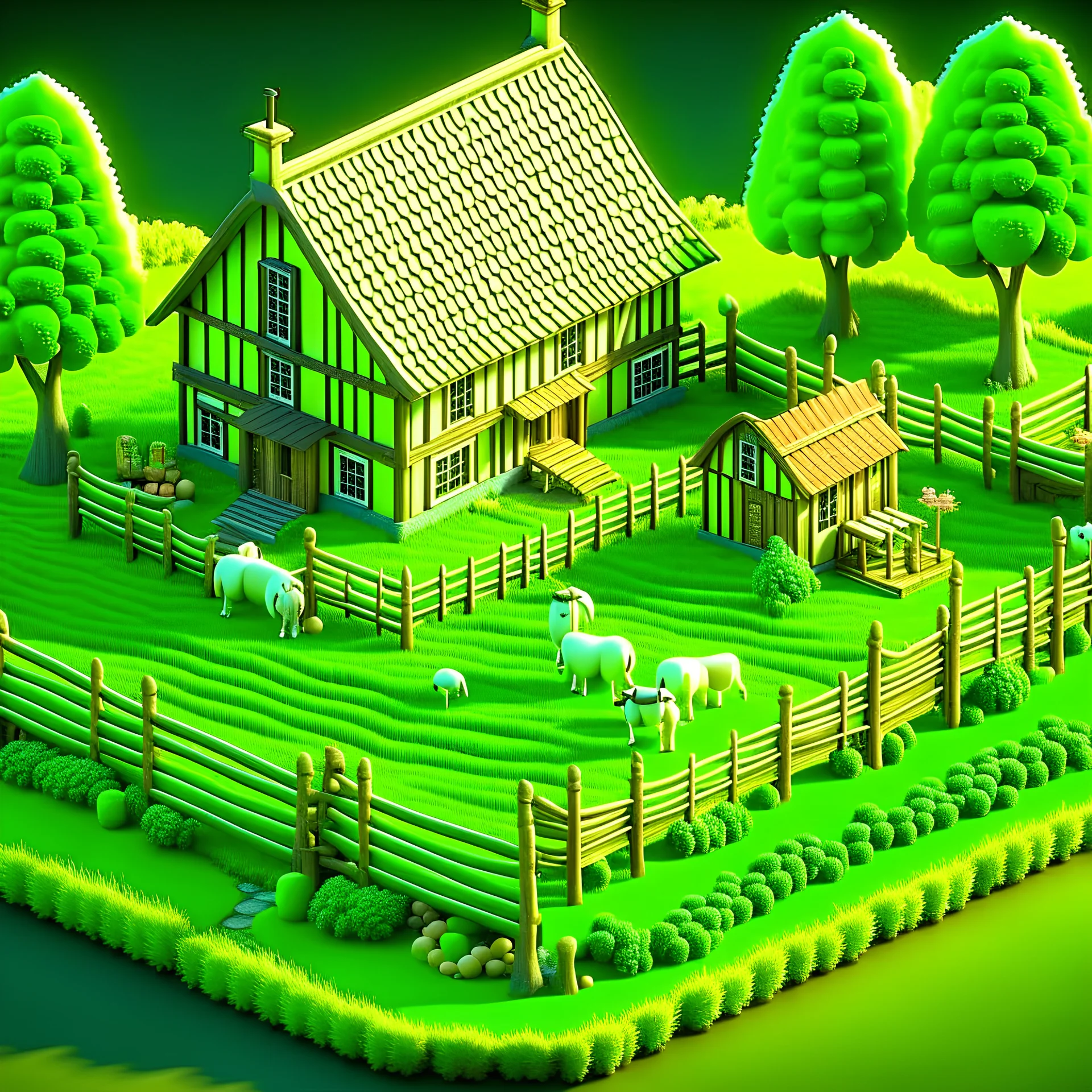 A simple and cute video game environment concept art of a small farm surrounded by nature, the farm 3D