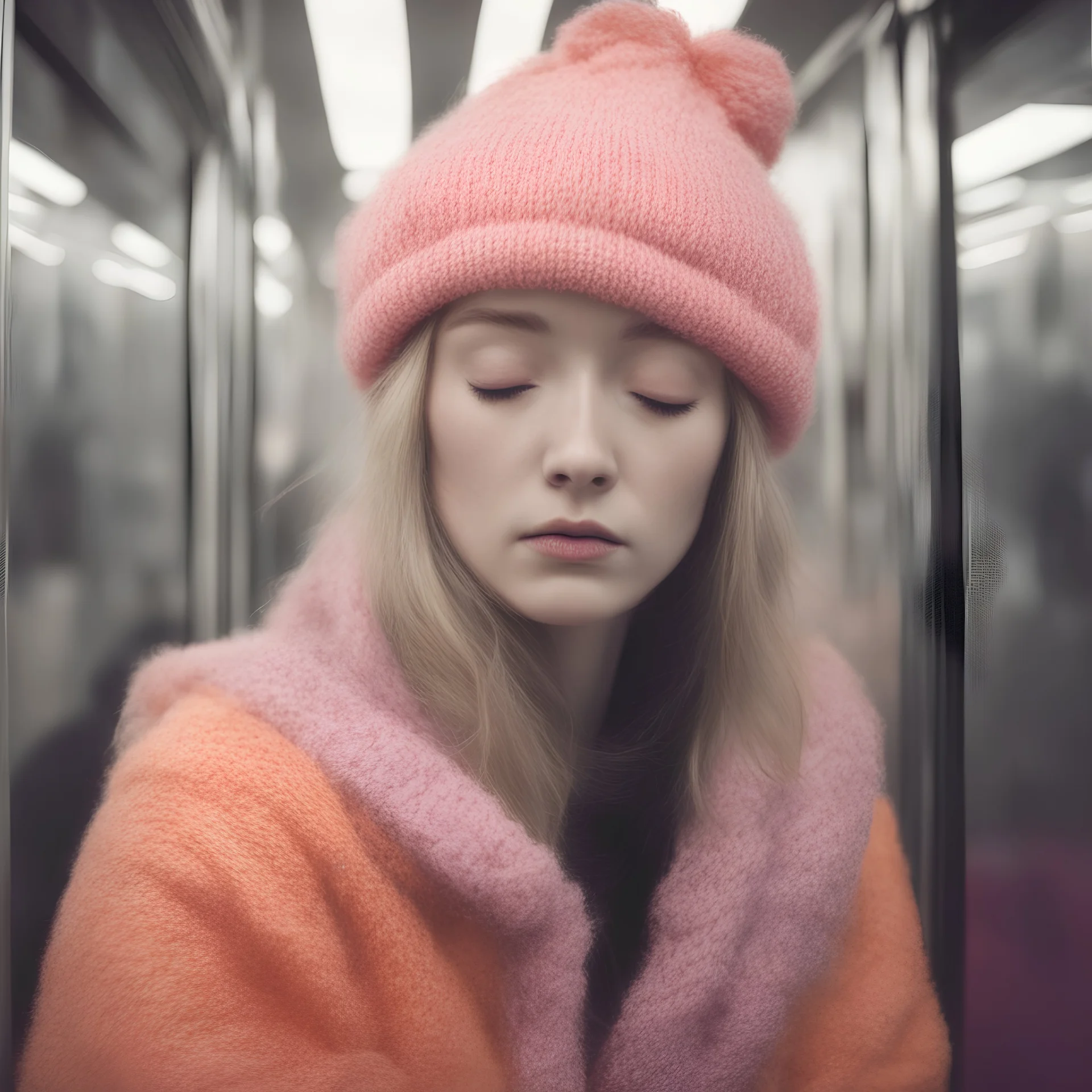 Billieellish, sad,in the metro in the style of a polaroid,, pink,orange, with a knitted hat, eyes closed