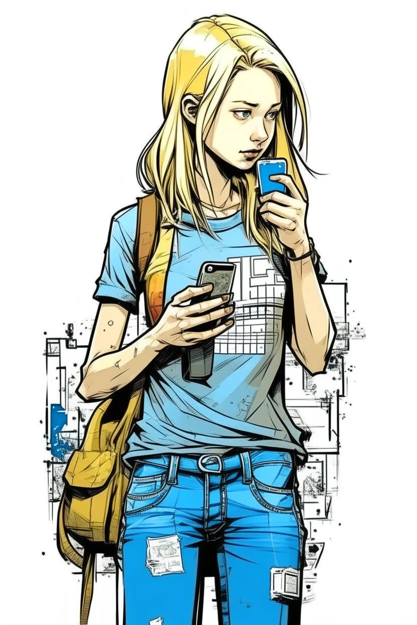 girl, blonde, , , holding a cellphone, comic book art style, geek, engineer, t-shirt, jeans, drug addict, ,