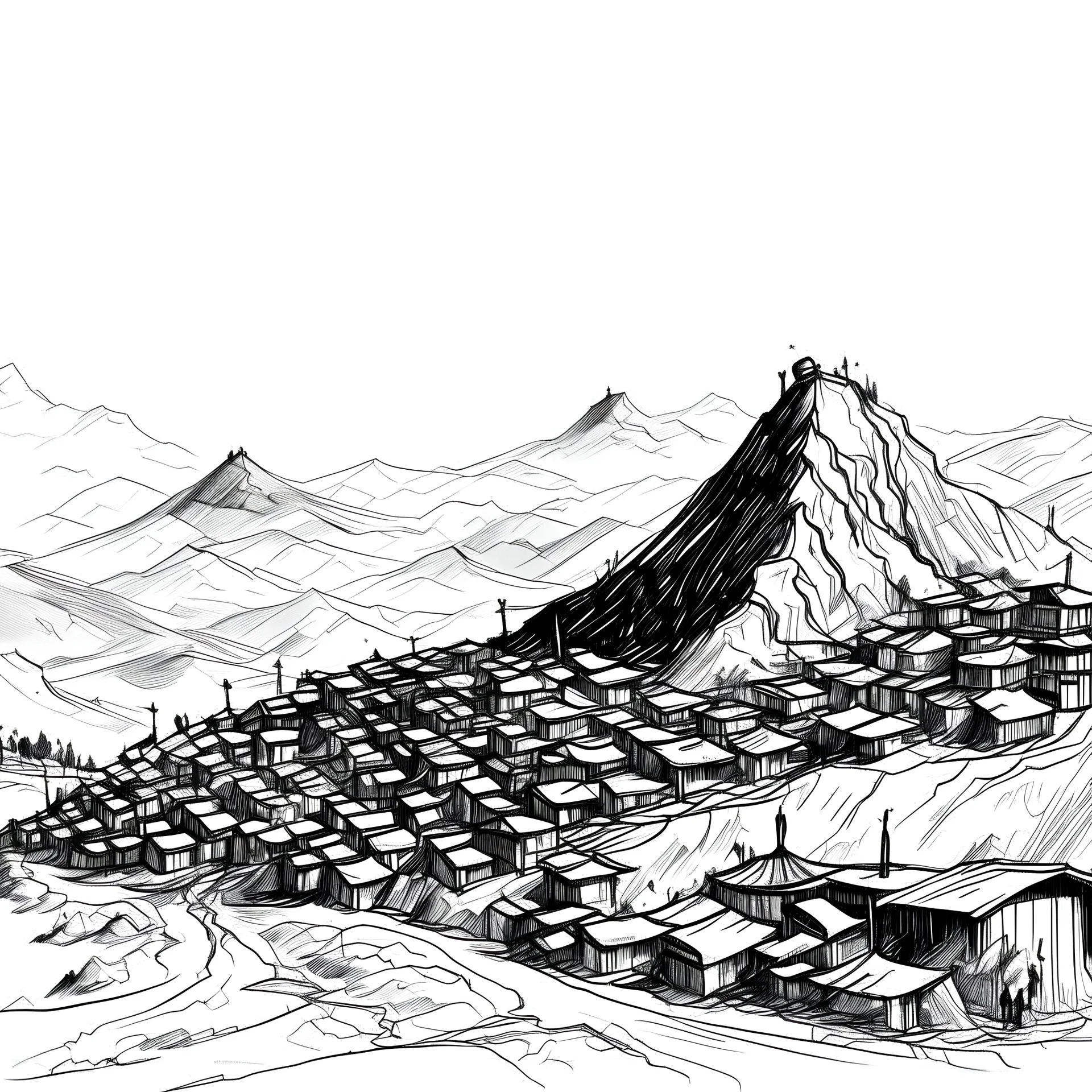 a town with a wall, around a mountain. Pen sketch, black and white. HD