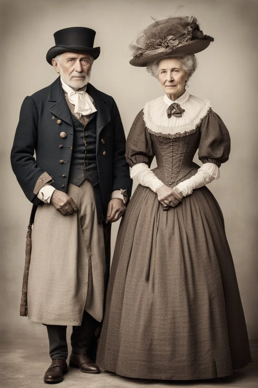 elderly married couple of senenty years dressed in 19th century attire