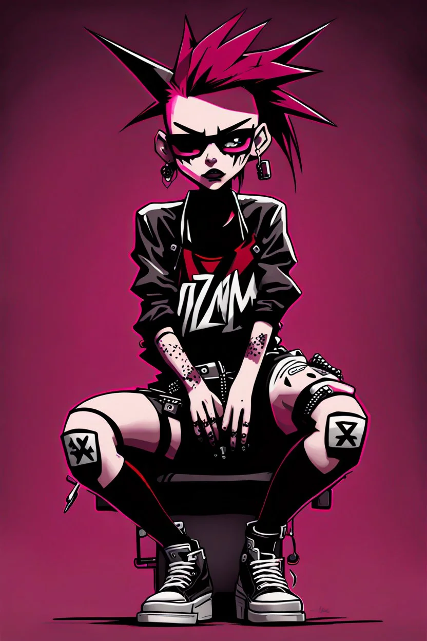 Punk girl, sit pose, darkred tones, style Invader Zim,