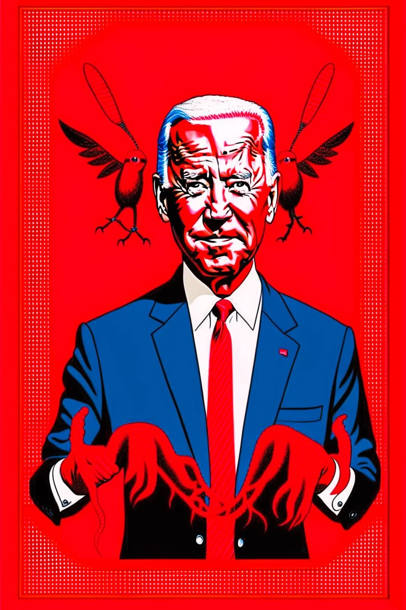 president joe biden in style of shepard fairy obama poster style red colour stencil with puppet strings