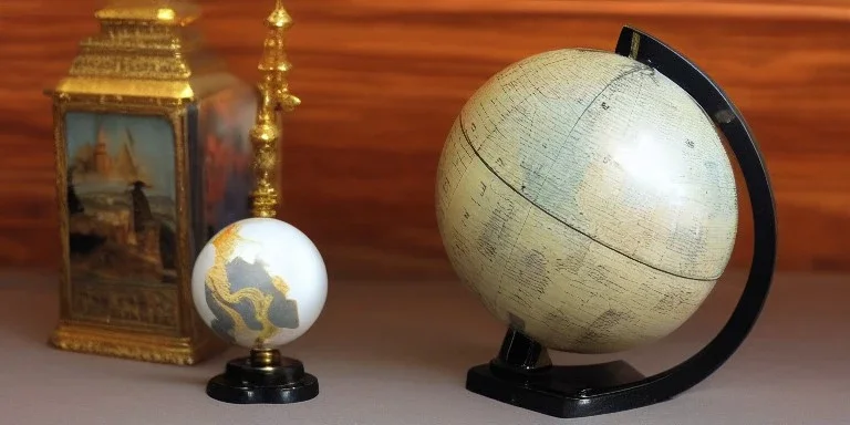 fantasy world globe, black marble, pearl inlay, fine gold detail, marginalia