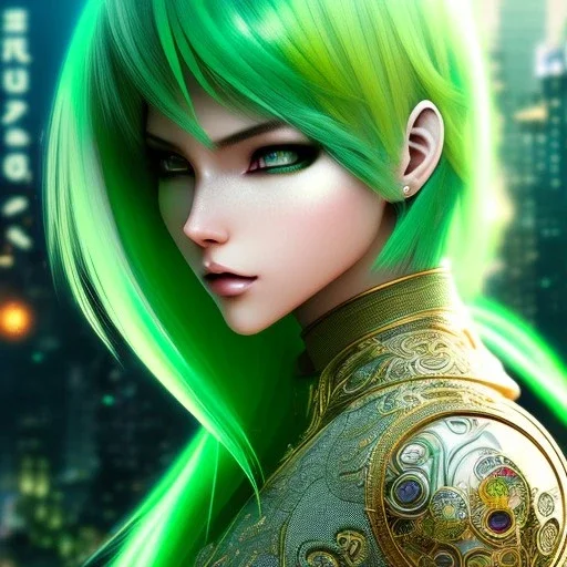 Cyborg anime warrior, light green hair, pixie hairstyle, cobalt eyes, waist up portrait, 8k resolution, intricate details, ornate details, soft lighting, vibrant colors, retroanime, masterpiece, intricate eyeliner, dark eyeshadow, eyes, intricate tattoos, futuristic cityscape background