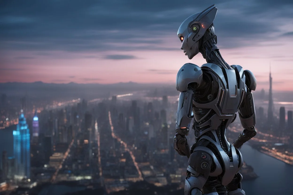 Humanoid robot looking out over an alien city skyline at dusk