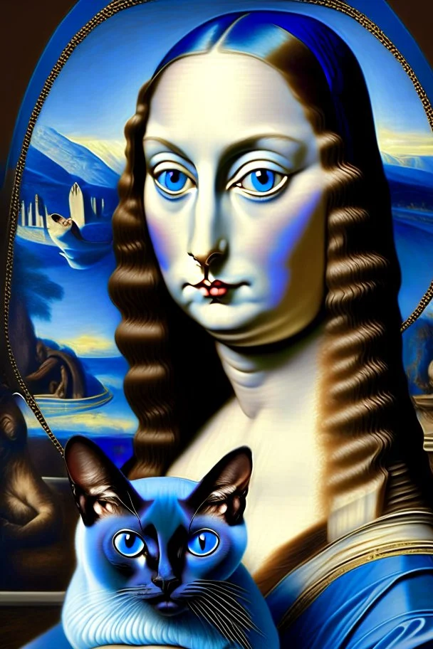 Mona lisa holding Siamese cat with blue eyes in art style of Botticelli artwork Modifiers: highly detailed 8k beautiful colourful matte background Michelangelo acrylic art aesthetically perfect facial features Siamese cat Chocolate point color Blue eyes only Sphynx cat