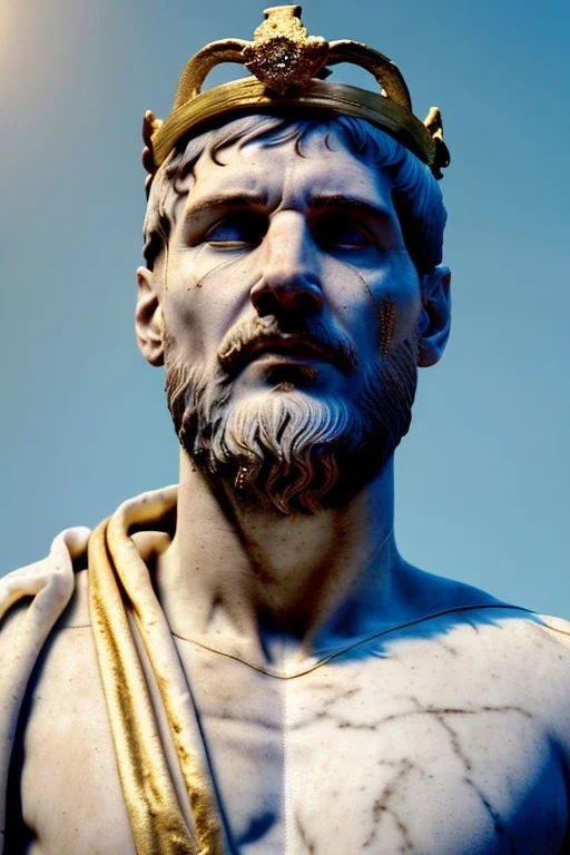 Realistic image, Roman sculpture made in white marble with gold veins, Lionel messi with gold laurel leaves crown, decorative star on the chest, waist up portrait, marble material, gold ornaments, Baroque style, sun rays background, epic, celestial, cinematic lighting, God lights, 4k resolution, smooth details, soft lighting, unreal engine 5, art station, substance 3d.