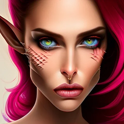 crystal clear blue eyes, and dark pink hair, teardrop shaped eyebrows, woman, angry expression, pointy ears, elf