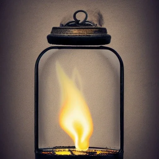 polaroid of swirling embers inside a wrought iron bell jar, luminescent glow, moody, tender, photorealistic, curling steam and smoke