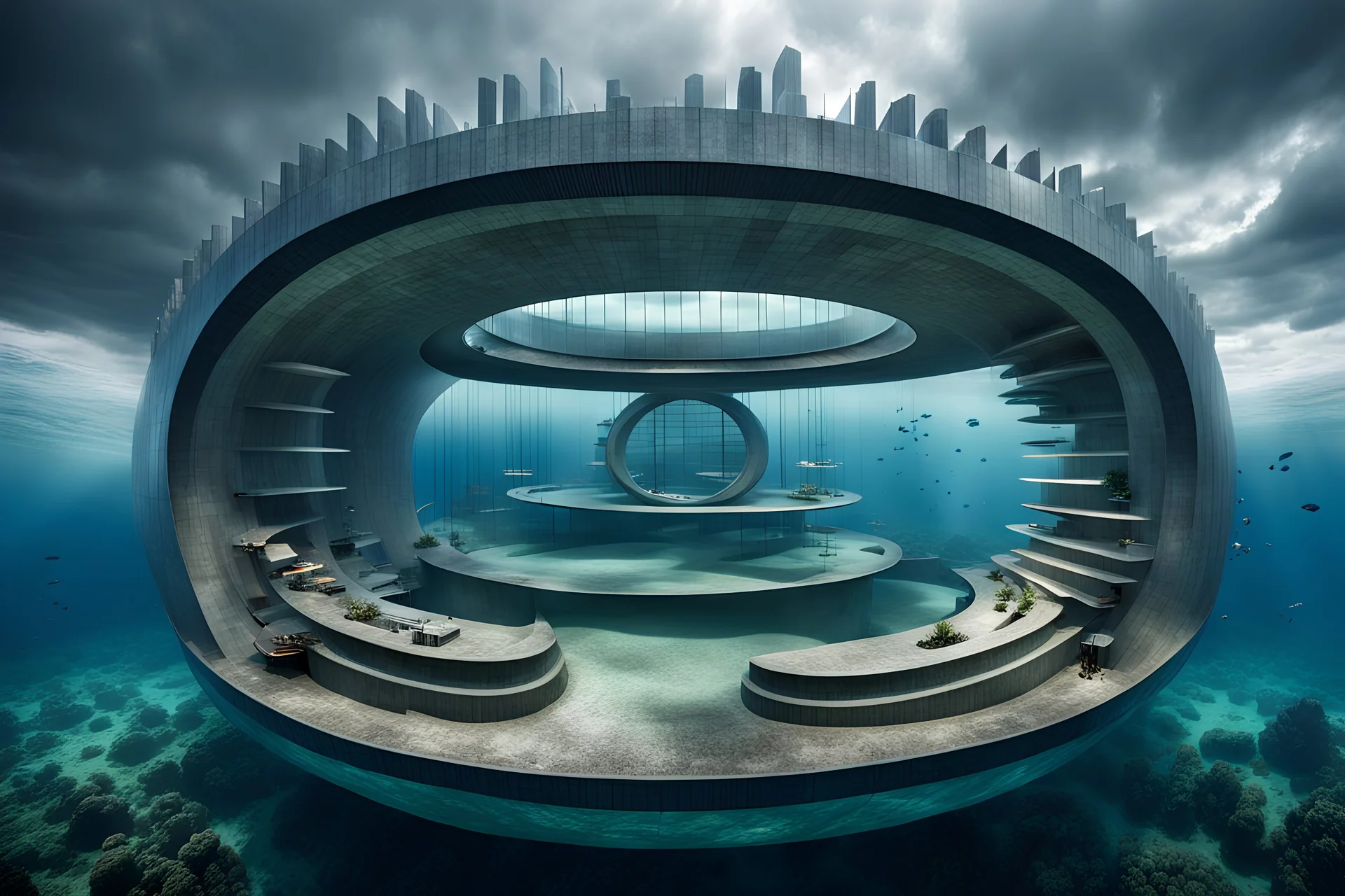 an underwater building in the shape of a twelve-section torus,modern,circle,sea,grey panel,little building