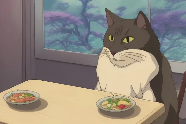 A cat with a hoodie is sitting at a table eating sushi. Perfect iris. Paws