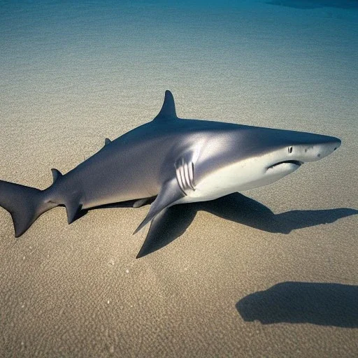 a hammer-head shark with DOG LEGS walking on a beach on land