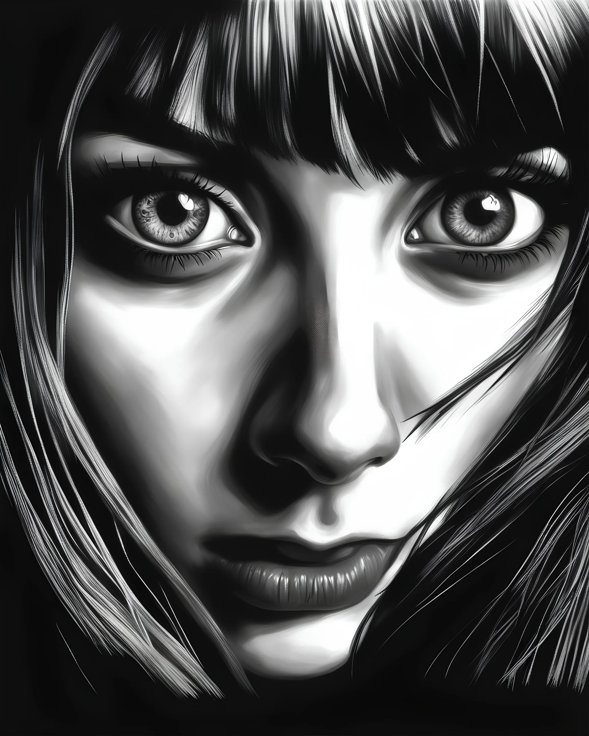 black and white, terrified woman, dark Brown eyes, close up, photorealism,