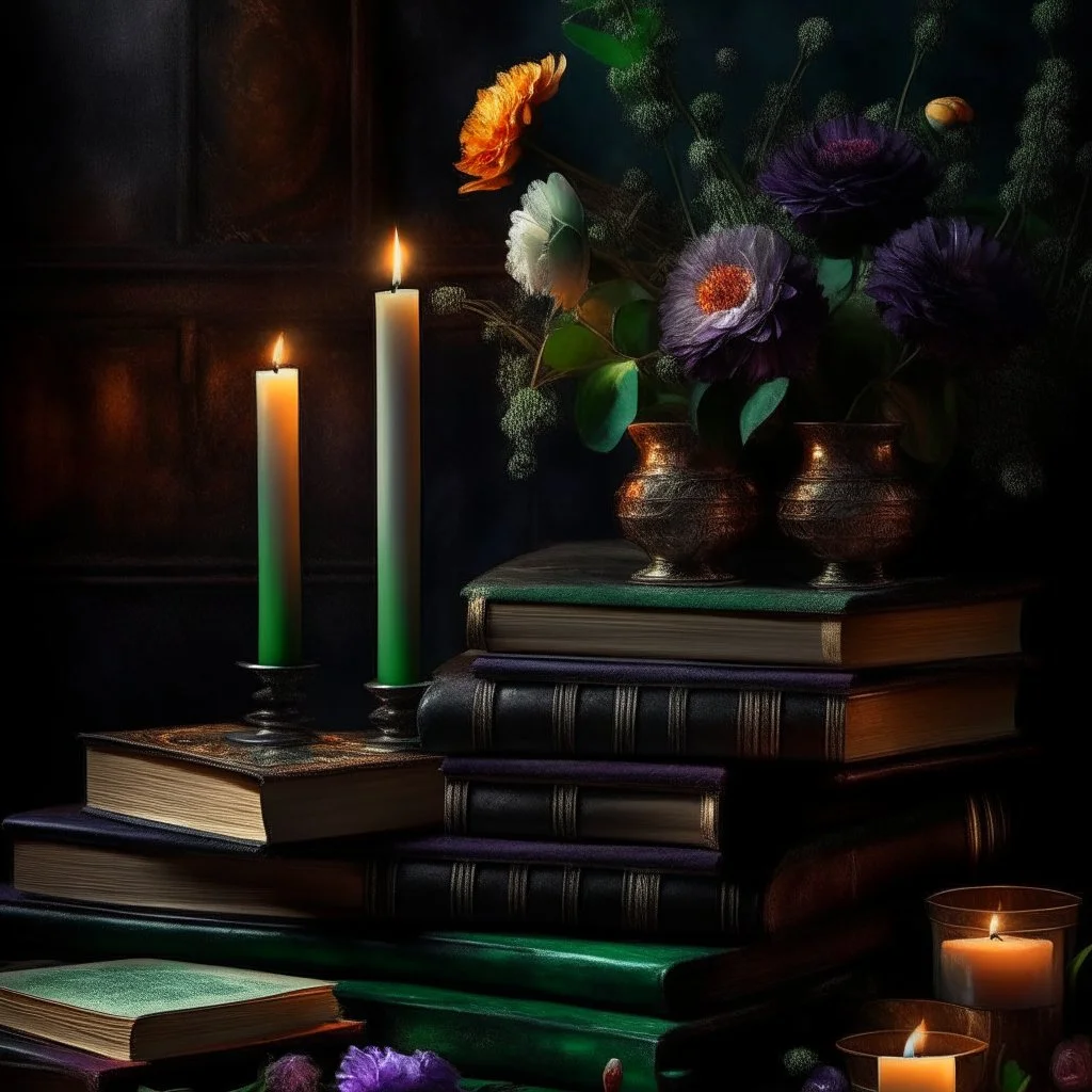 rave on books with flowers and lit candles dark moody art with browns green earthy tones, deep purples, hyper realistic maximalist concept art