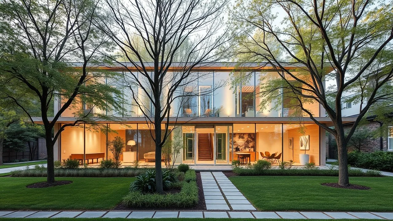 A health clinic in a residential area with gardens and trees. The architecture is not monumental and is human-scale, with a design that conveys calm and tranquility to patients. The facades are made of translucent glass and light wood, creating a soft, diffused light that illuminates the interior without glare. The floor plan is open and flexible, with waiting rooms, consulting rooms, treatment rooms, and staff areas, all organized clearly and logically. The structure is light and delicate, with